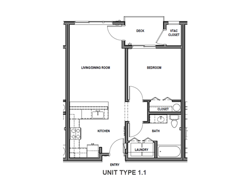 Floor plan for 1 bed, 1 bath, 664 sqft